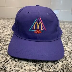 Vintage McDonalds Hat Cap Snap Back Purple QSC Triangle Logo Restaurant Mens 90s